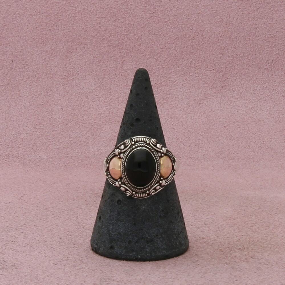 sterling silver & 18k gold bali beaded onyx ring size 8.5